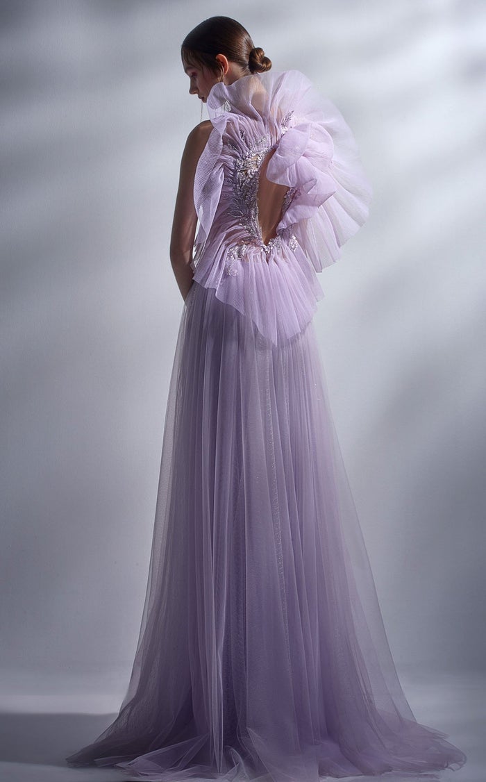 Gaby Charbachy G1284 Lilac Asymmetrical Glitter A-Line Gown by MNM Couture