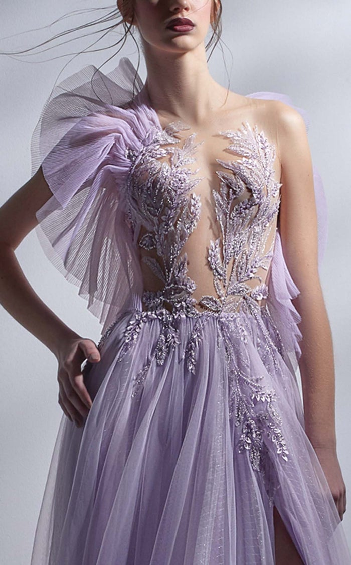 Gaby Charbachy G1284 Lilac Asymmetrical Glitter A-Line Gown by MNM Couture