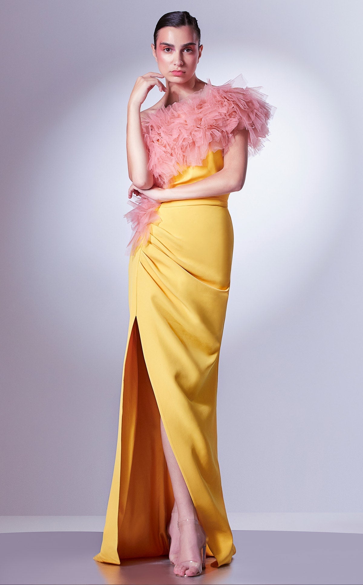 Gaby Charbachy G1301 Yellow One-Shoulder Ruffled Gown by MNM Couture