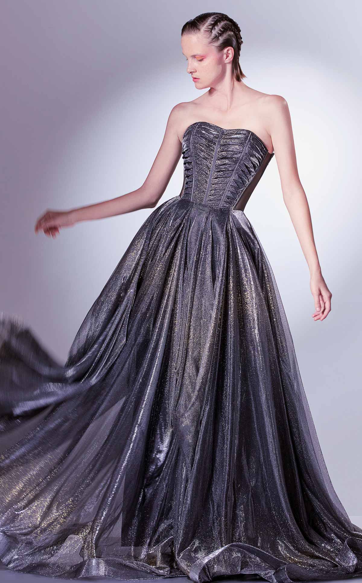 Gaby Charbachy G1331 Strapless Pleated Corset Gown in Grey
