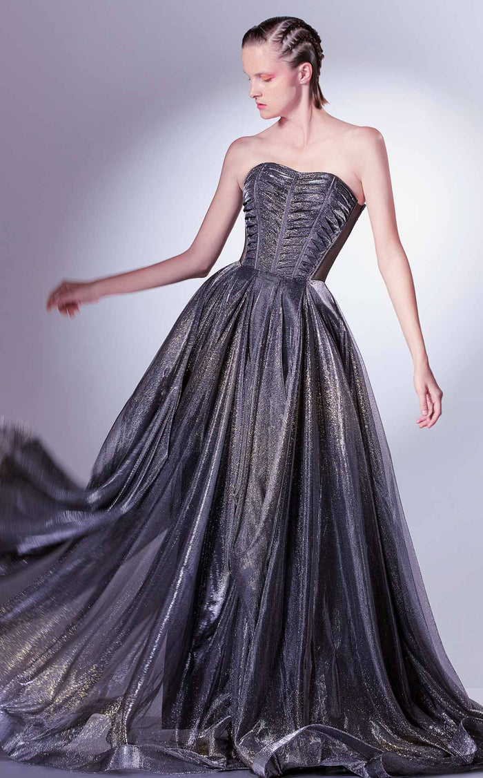 Gaby Charbachy G1331 Strapless Pleated Corset Gown in Grey