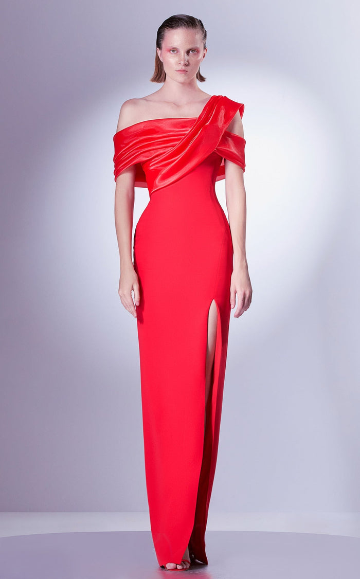 Gaby Charbachy G1346 Red Off-Shoulder Slit Evening Gown by MNM Couture