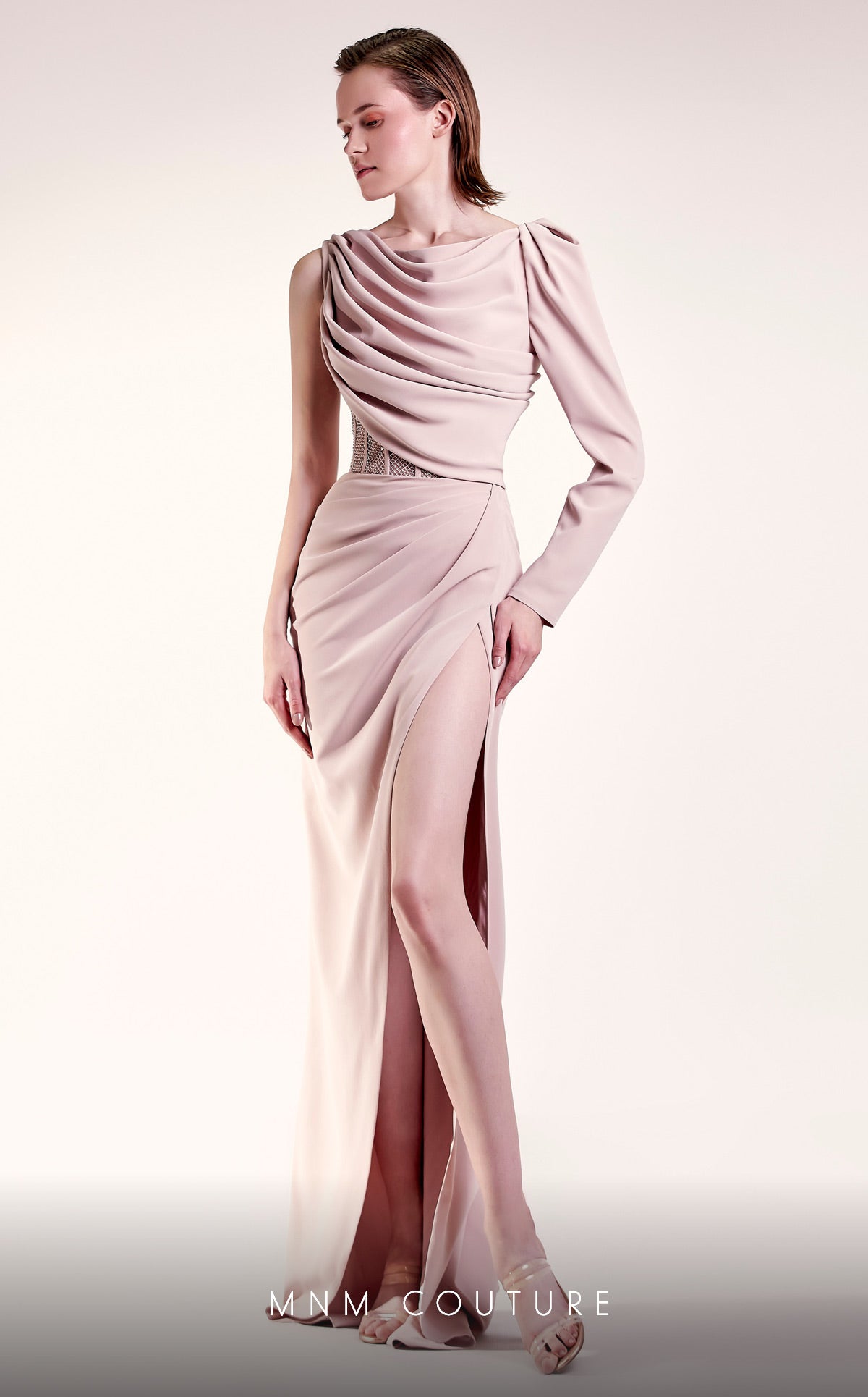 Gaby Charbachy G1408 One-Shoulder Pink Slit Gown by MNM Couture