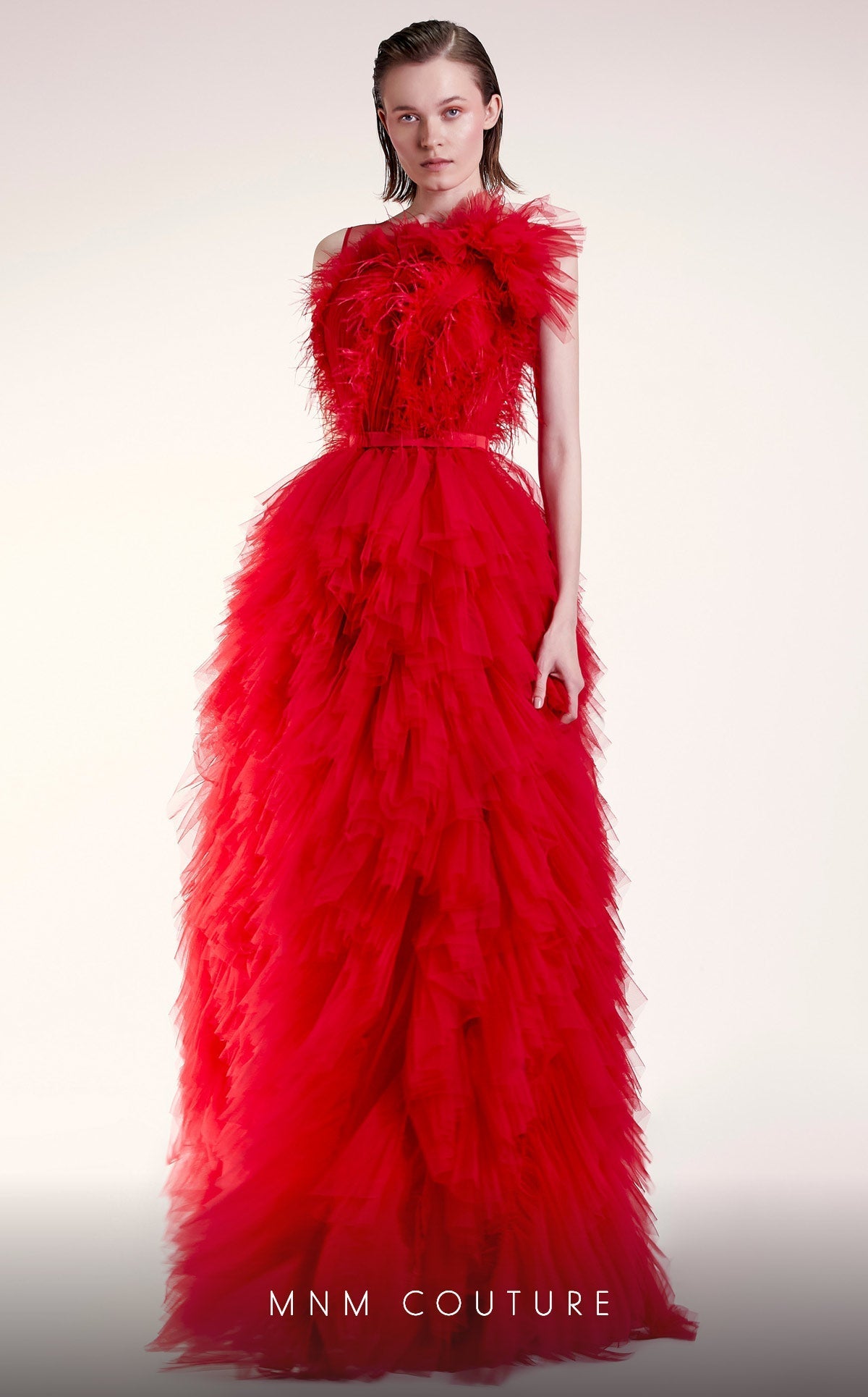 Red One-Shoulder Feathered Tiered Tulle Gown by MNM Couture