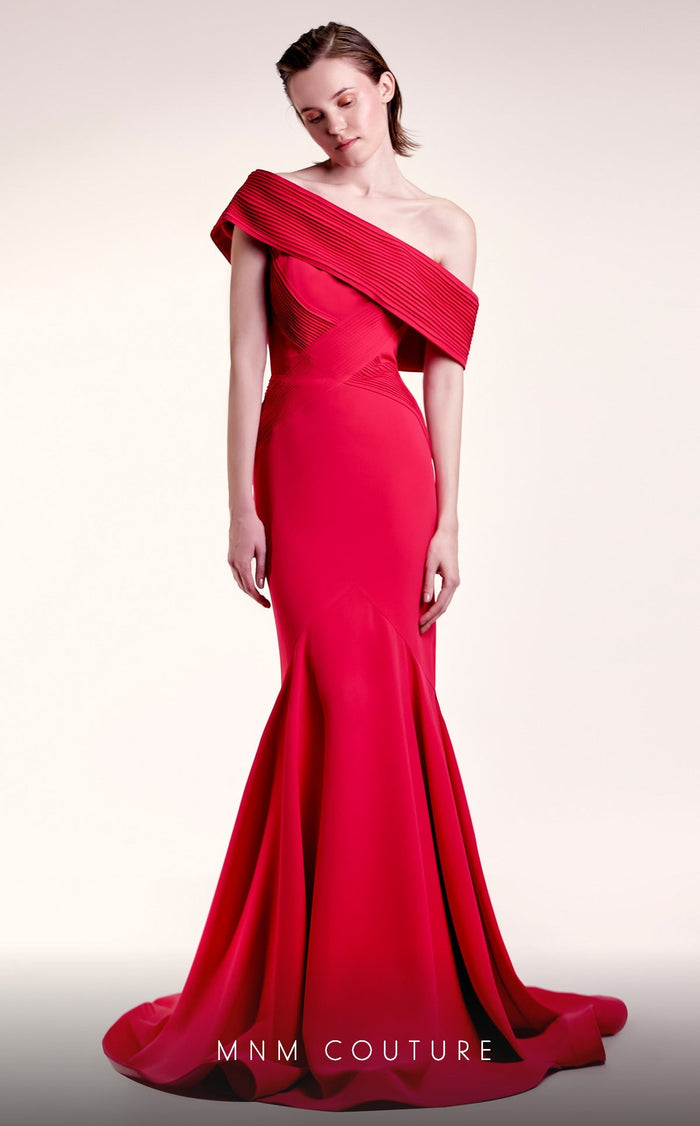 Gaby Charbachy G1430 Off-Shoulder Pleated Mermaid Evening Gown in Fuchsia by MNM Couture