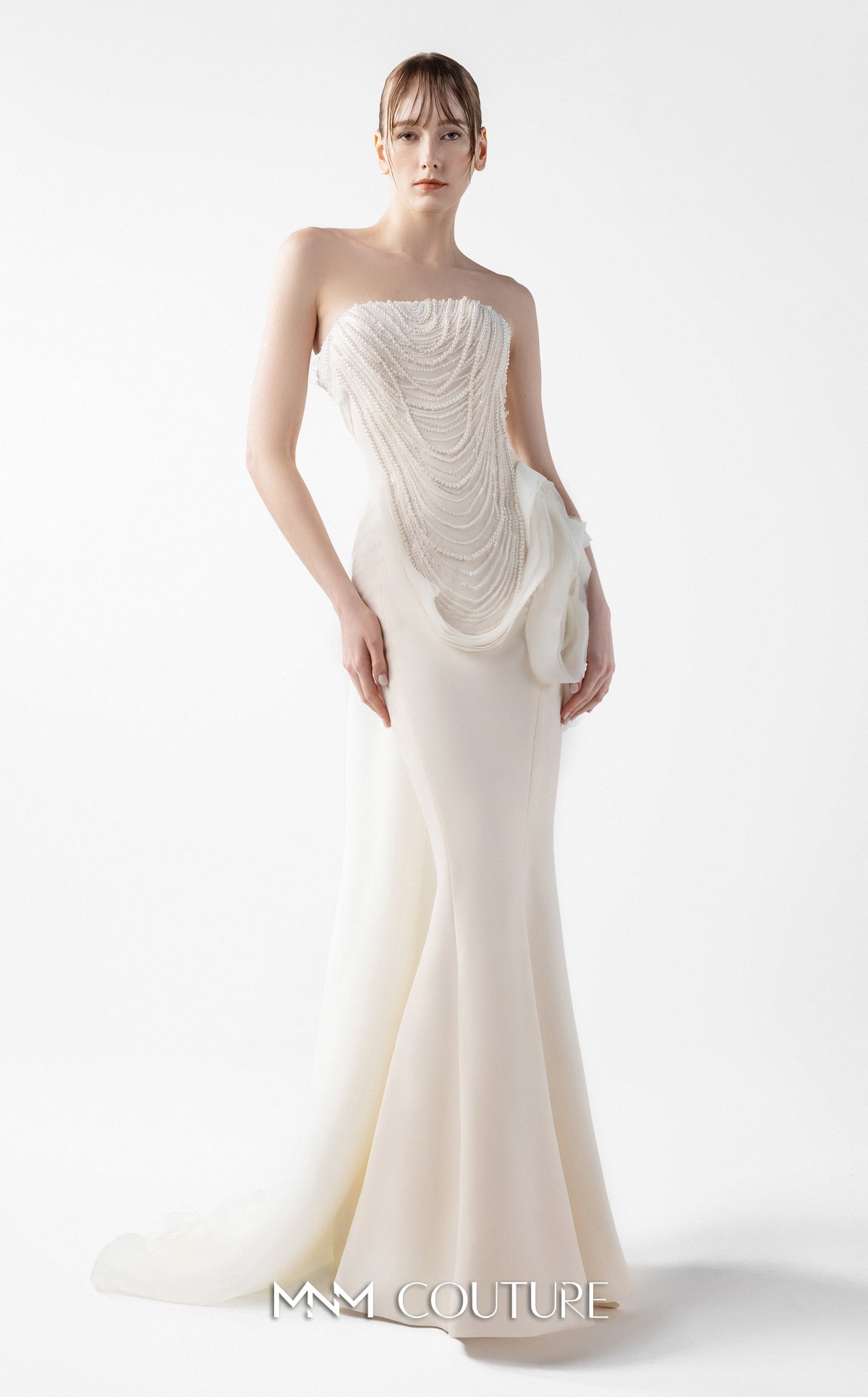 Gaby Charbachy G2015 Strapless Pearl Lace Mermaid Gown in Cream by MNM Couture