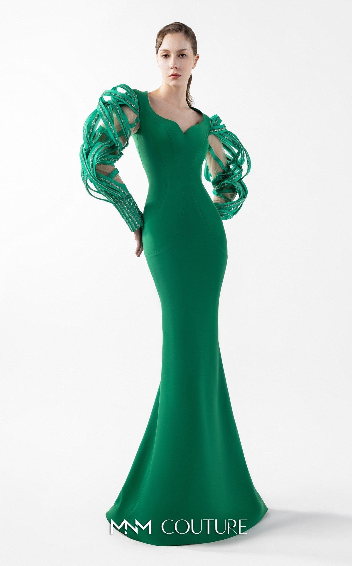 Gaby Charbachy G2017 Green V-Neck Sleeved Couture Gown by MNM Couture