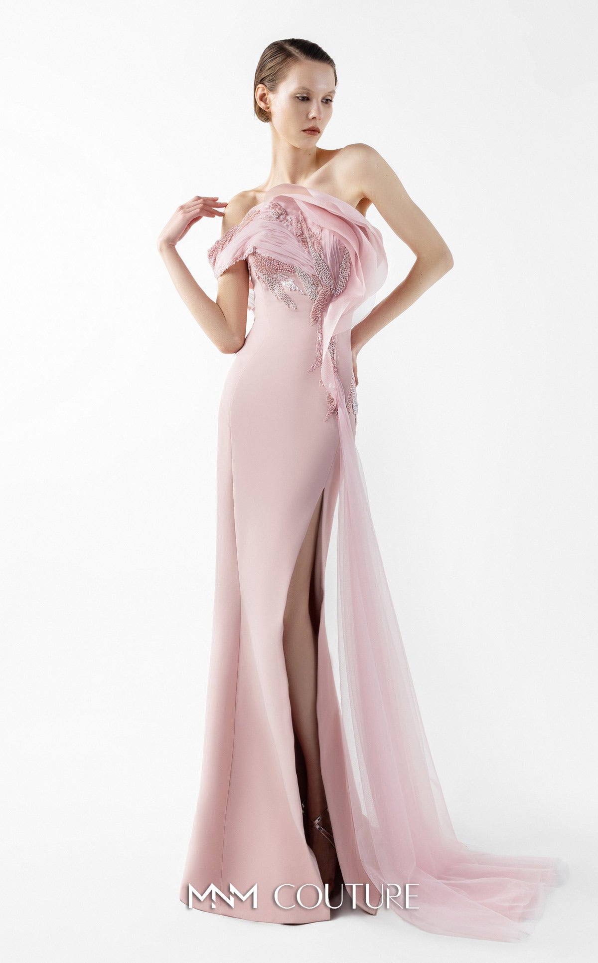 Gaby Charbachy G2031 Open Back High Slit Pink Couture Gown