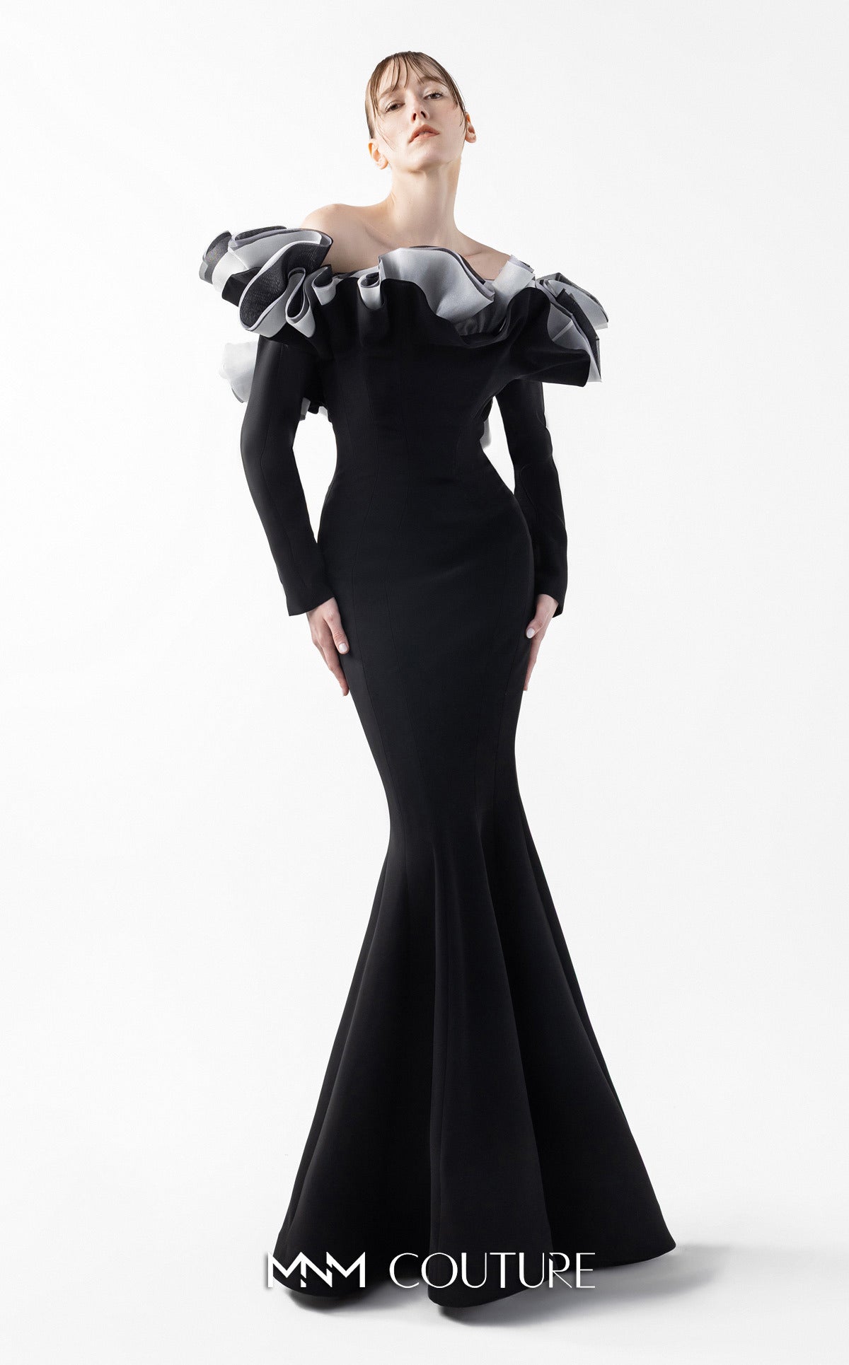 Gaby Charbachy G2036 Off-Shoulder Open Back Gown in Black
