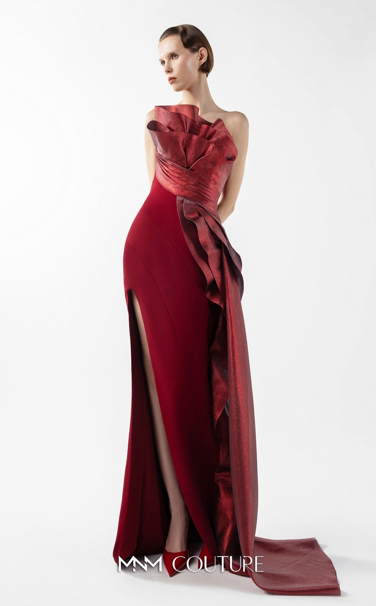 Gaby Charbachy G2037 Burgundy Off-Shoulder Slit Gown by MNM Couture