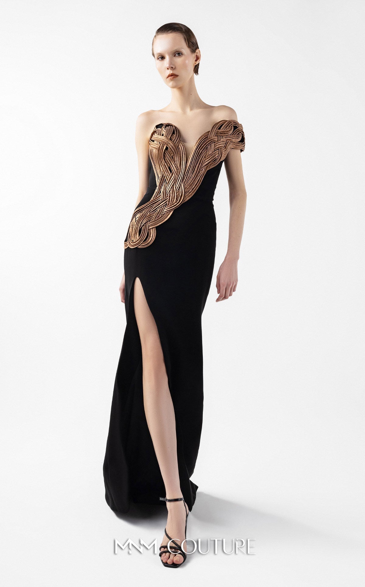 Gaby Charbachy G2043 Black Crepe Off-Shoulder Couture Evening Gown by MNM Couture