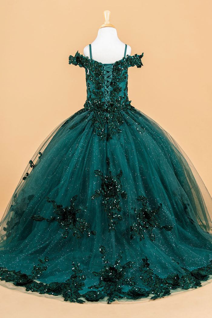 Cold Shoulder Lace Appliqué Sequin Glitter Tulle Flower Dress with Corset Back by Elizabeth K GK121