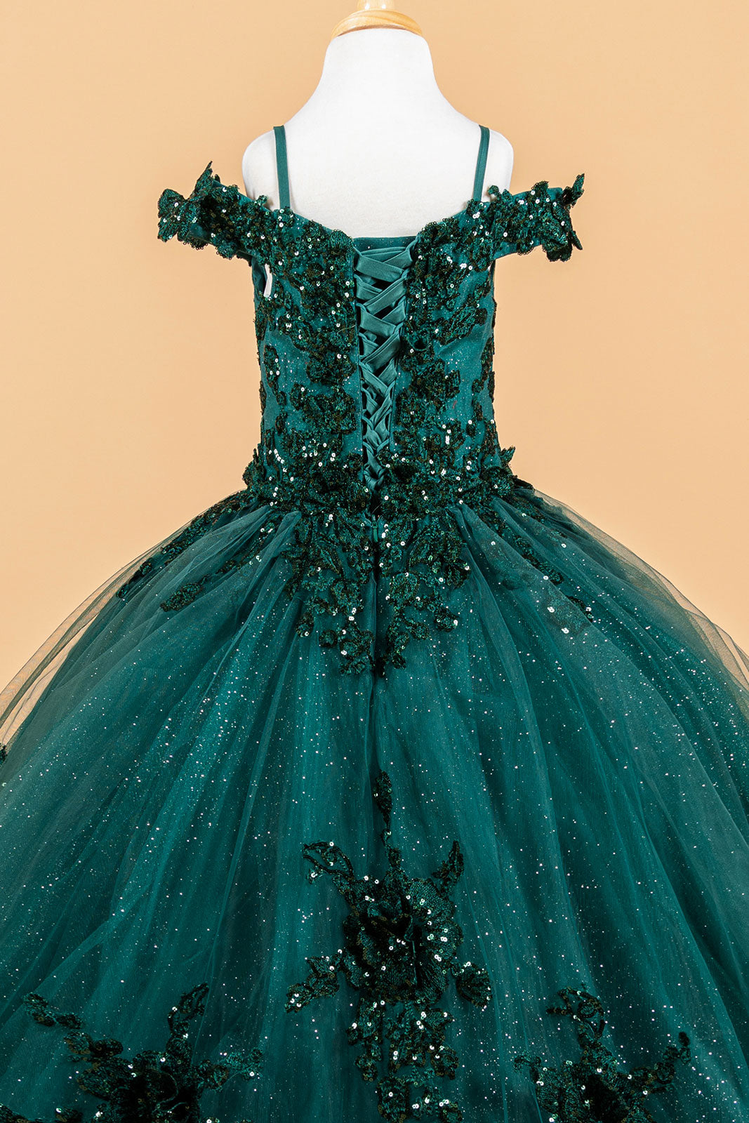 Cold Shoulder Lace Appliqué Sequin Glitter Tulle Flower Dress with Corset Back by Elizabeth K GK121