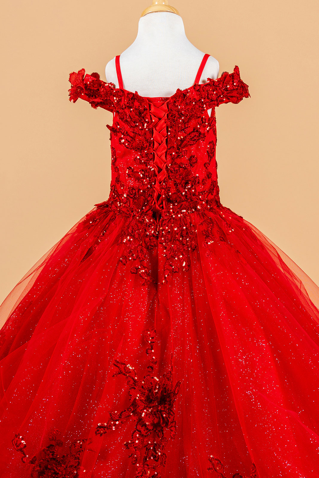 Cold Shoulder Lace Appliqué Sequin Glitter Tulle Flower Dress with Corset Back by Elizabeth K GK121
