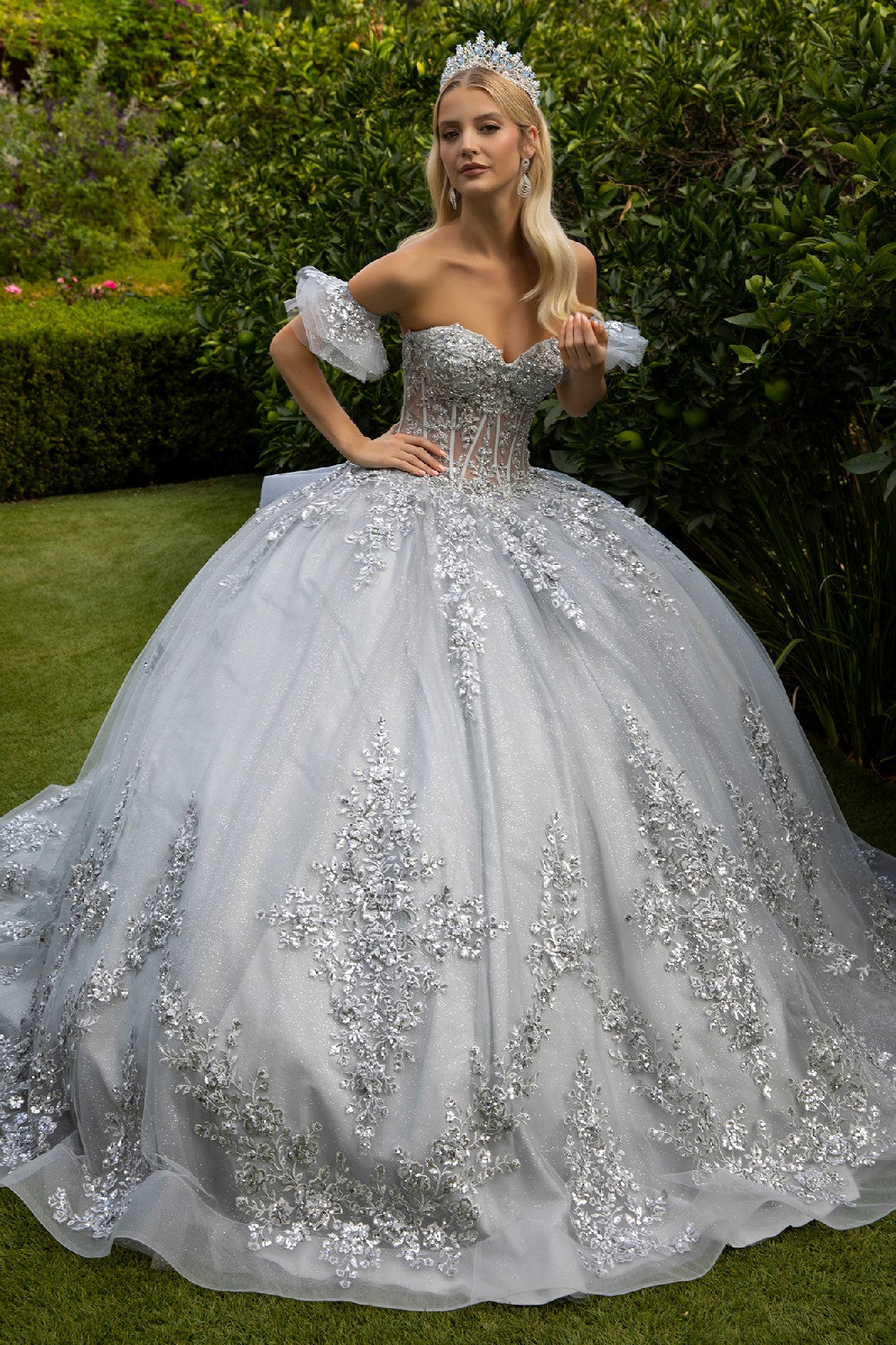 Strapless Ball Gown with Detachable Sleeves Glitter Tulle Corset Dress by Elizabeth K GL3519