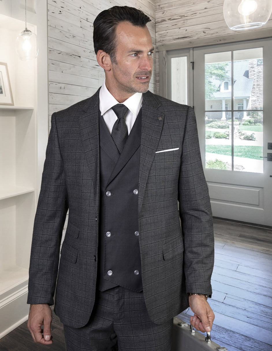 Grey Plaid Wool Suit with Double Breasted Vest
