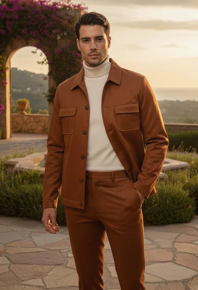 Mens Two Piece Slim Fit Faux Leather Casual Suit Brown