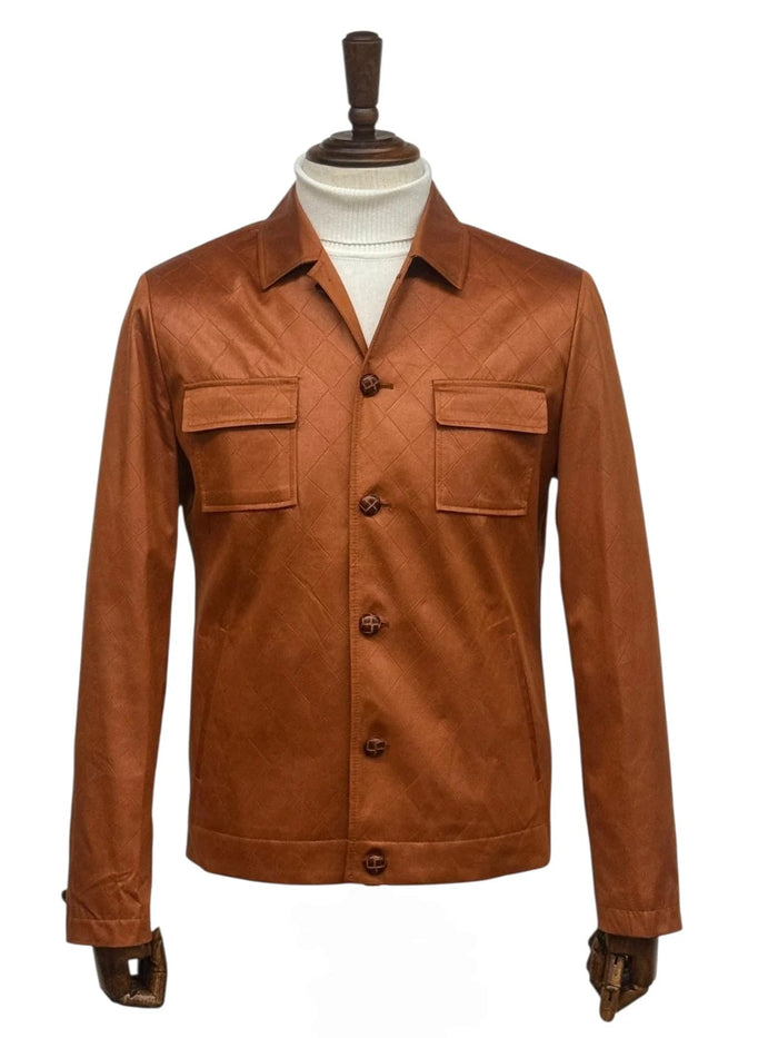 Mens Two Piece Slim Fit Faux Leather Casual Suit Brown