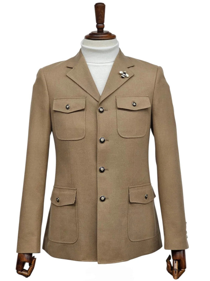 Mens Giovanni Testi Beige 2-Piece Suit – Slim Fit 4-Button Blazer with Patch Pockets