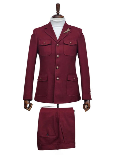 Mens Giovanni Testi 2 Piece Burgundy Suit – Slim Fit 4 Button Blazer with Notch Lapel & Flap Pockets