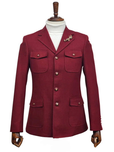 Mens Giovanni Testi 2 Piece Burgundy Suit – Slim Fit 4 Button Blazer with Notch Lapel & Flap Pockets