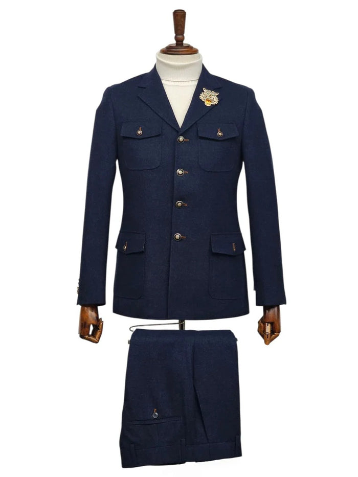 Mens Giovanni Testi 2 Piece Slim Fit Suit in Dark Blue – Classic 4 Button Notch Lapel Dress Suit