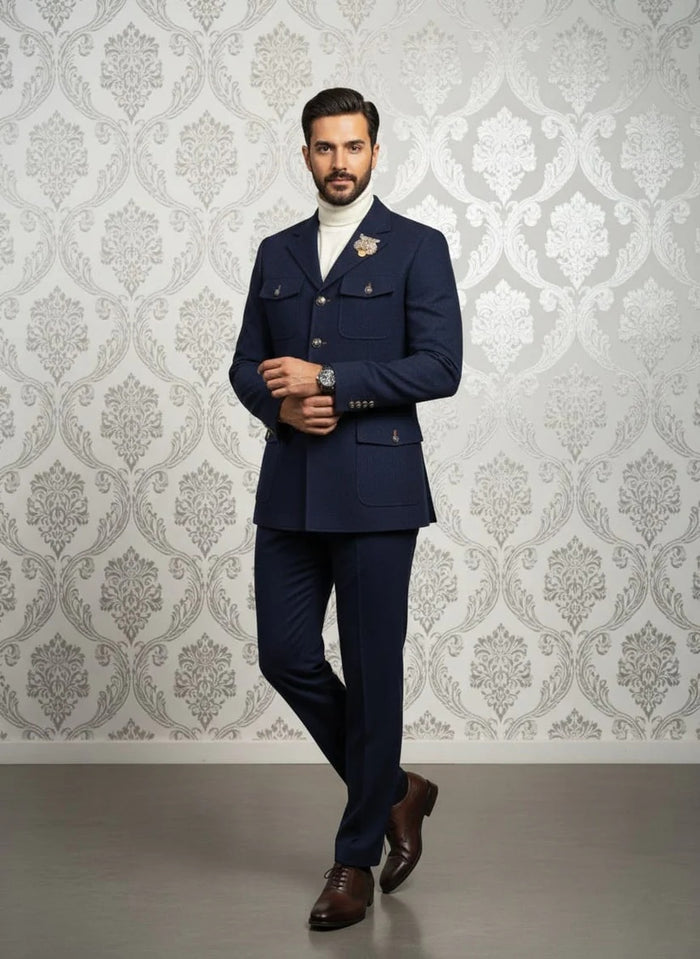 Mens Giovanni Testi 2 Piece Slim Fit Suit in Dark Blue – Classic 4 Button Notch Lapel Dress Suit