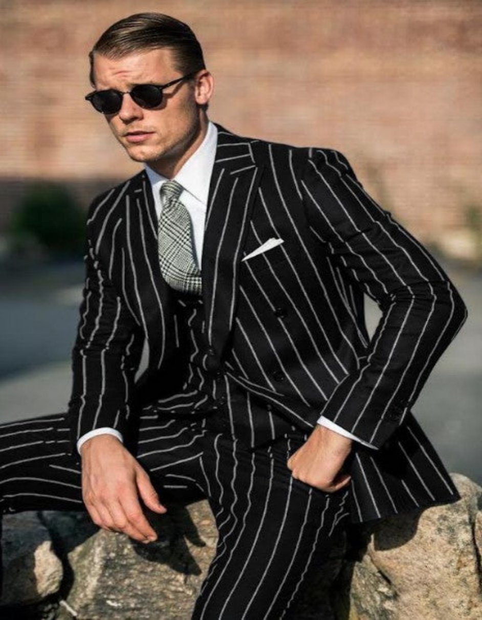 Black Pinstripe Gangster Suit 1920s Inspired