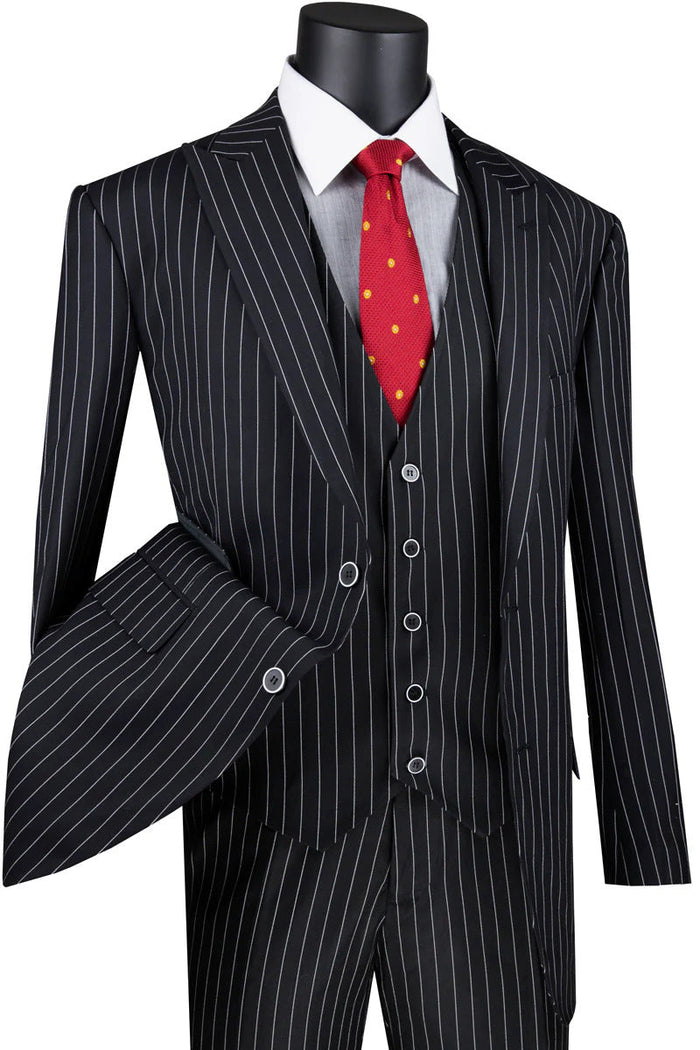 Men’s Black Pinstripe 1920s Gangster Suit with Vest, Formal Vintage Party Dress Suit