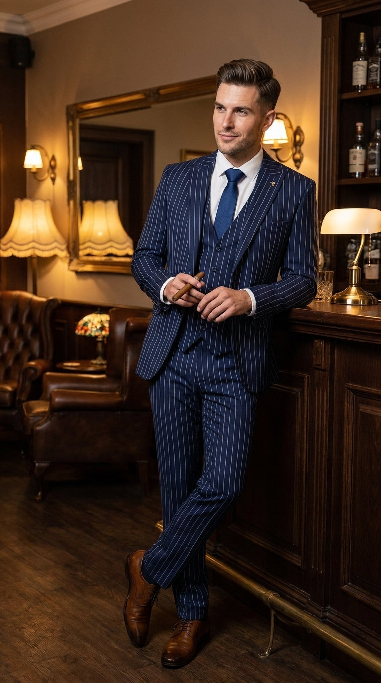 Men’s Navy Pinstripe 3 Piece Gangster Suit, Vintage 1920s Formal Dress Suit with Vest