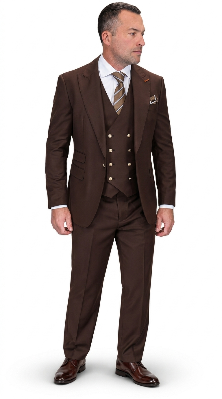 3-Piece Peak Lapel Suit with Gold Button Vest - Brown
