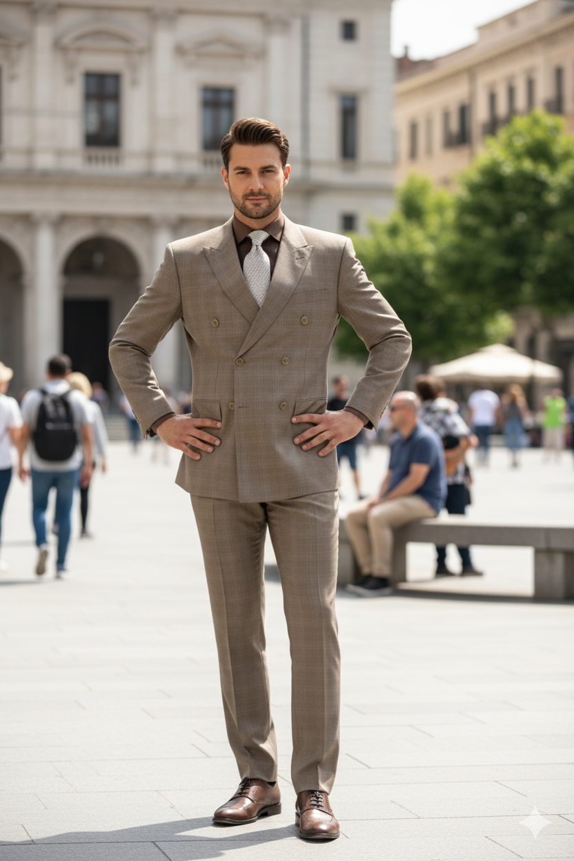 Tan Wool-Feel Double Breasted Plaid Suit