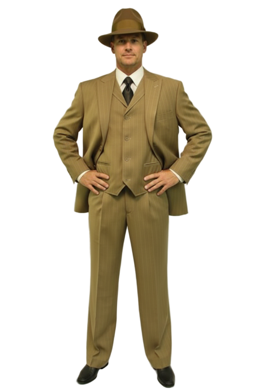 Men's 3 Piece Bold ~ Chalk ~ Gangster Pinstripe ~ Stripe Tan/White Zoot Cheap Priced Business Suits Clearance Sale