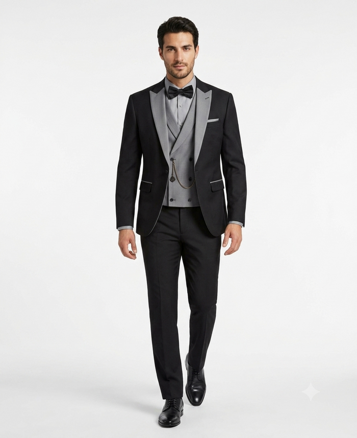 Men’s Black And White Lapel 3 Piece Tuxedo Suit with Silver Gray Satin Lapel | Formal Wedding Prom Suit Set