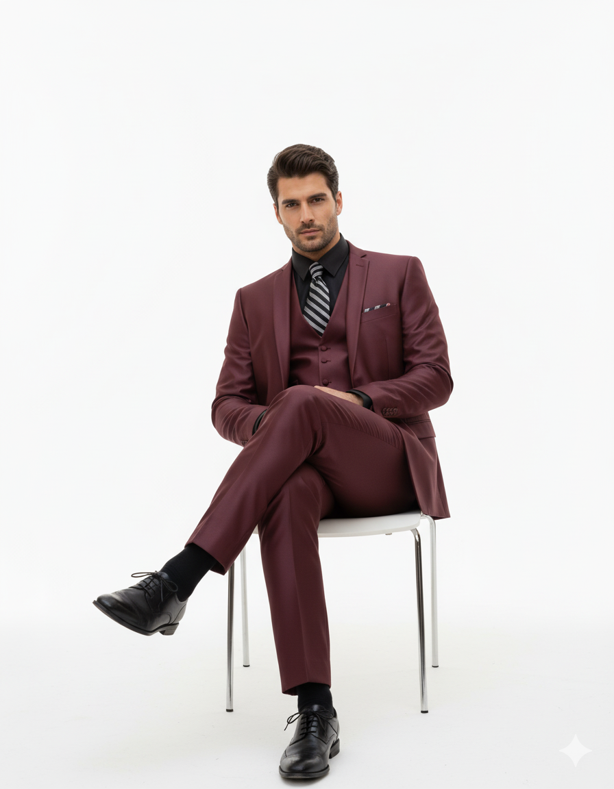 Men's Sharkskin Burgundy ~ Wine ~ Maroon Suit vested Cheap Priced Business Suits Clearance