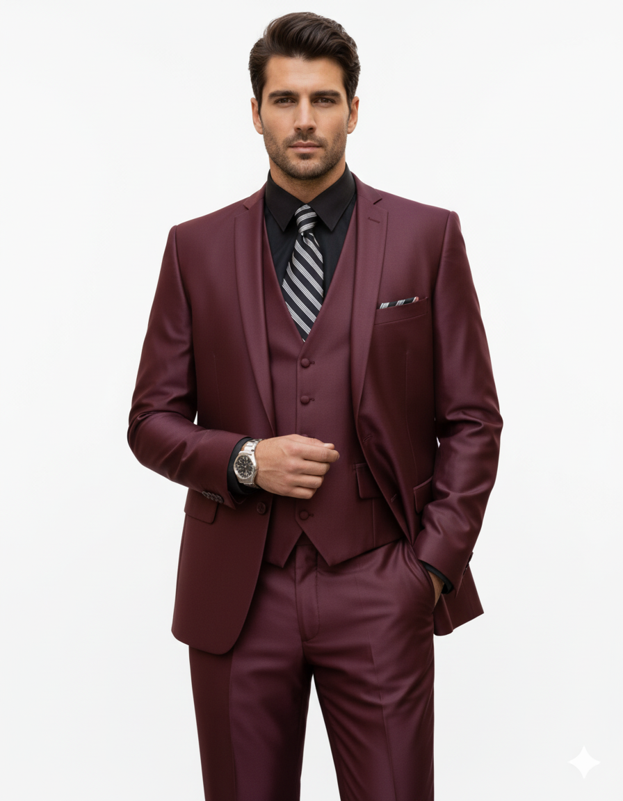 Men's Sharkskin Burgundy ~ Wine ~ Maroon Suit vested Cheap Priced Business Suits Clearance