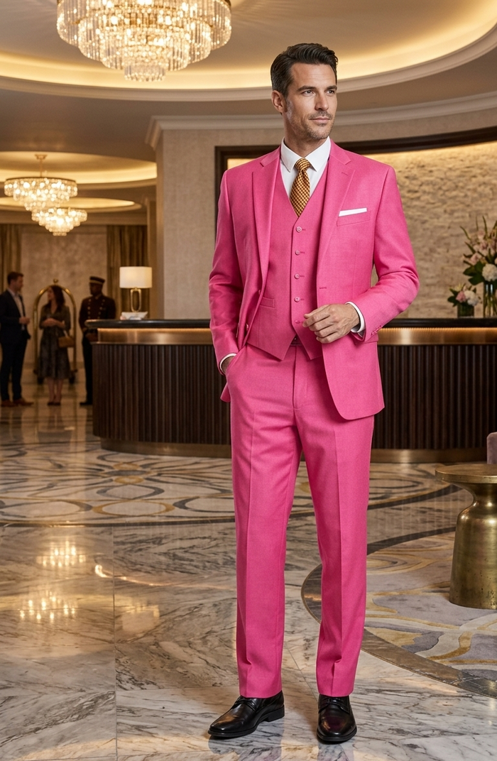Men's 2 Button 3 Piece Vested Modern Fit Suits Flat Front Pants Suit In Fuschia