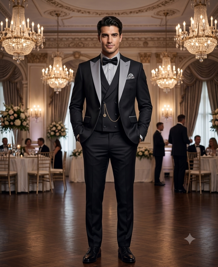 Men’s Black And White Lapel 3 Piece Tuxedo Suit with Silver Gray Satin Lapel | Formal Wedding Prom Suit Set