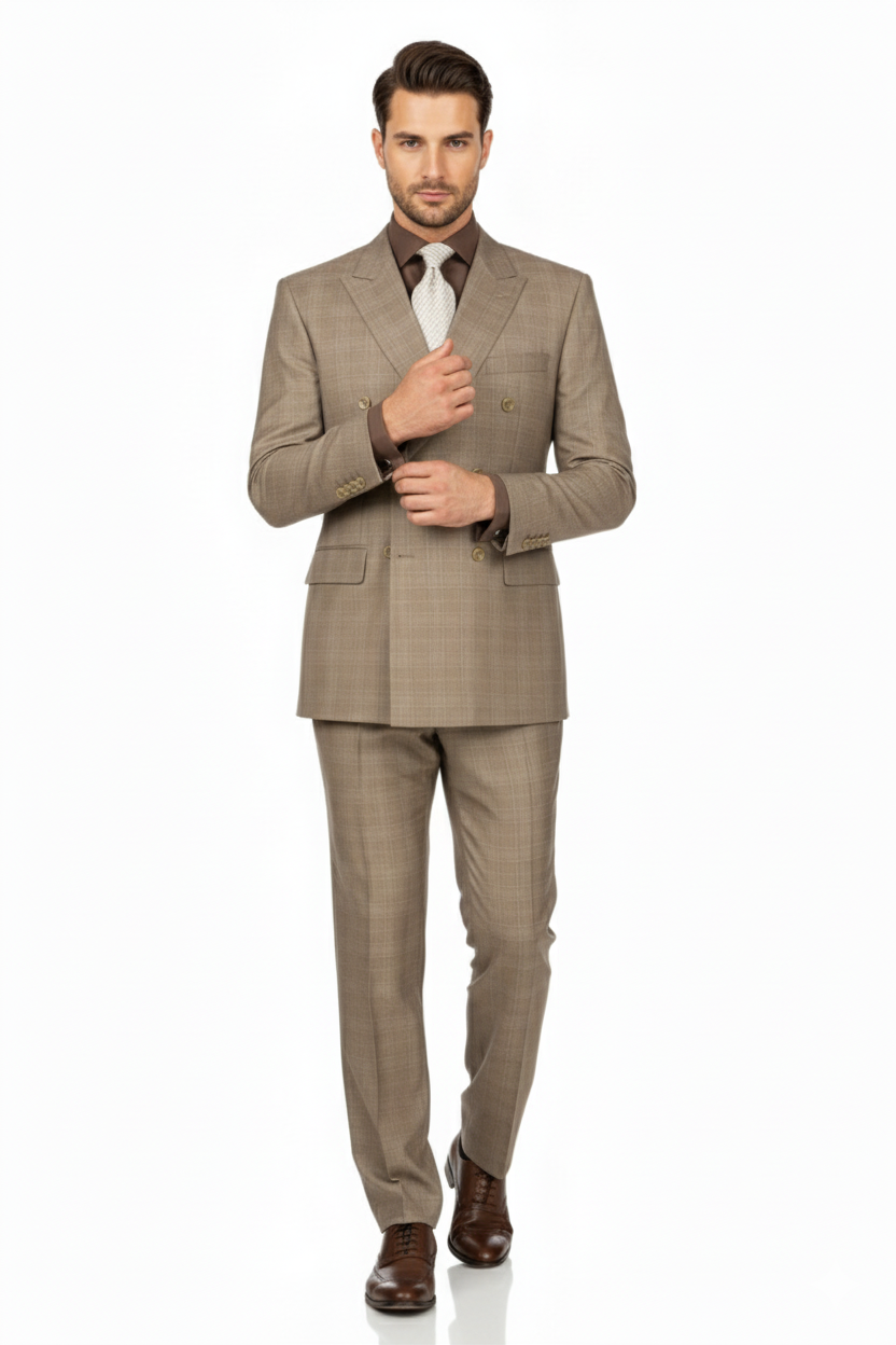 Tan Wool-Feel Double Breasted Plaid Suit