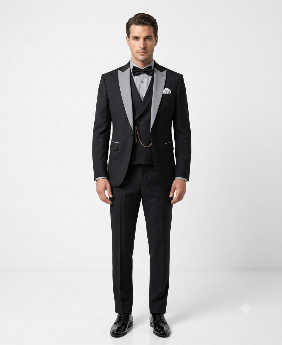 Men’s Black And White Lapel 3 Piece Tuxedo Suit with Silver Gray Satin Lapel | Formal Wedding Prom Suit Set