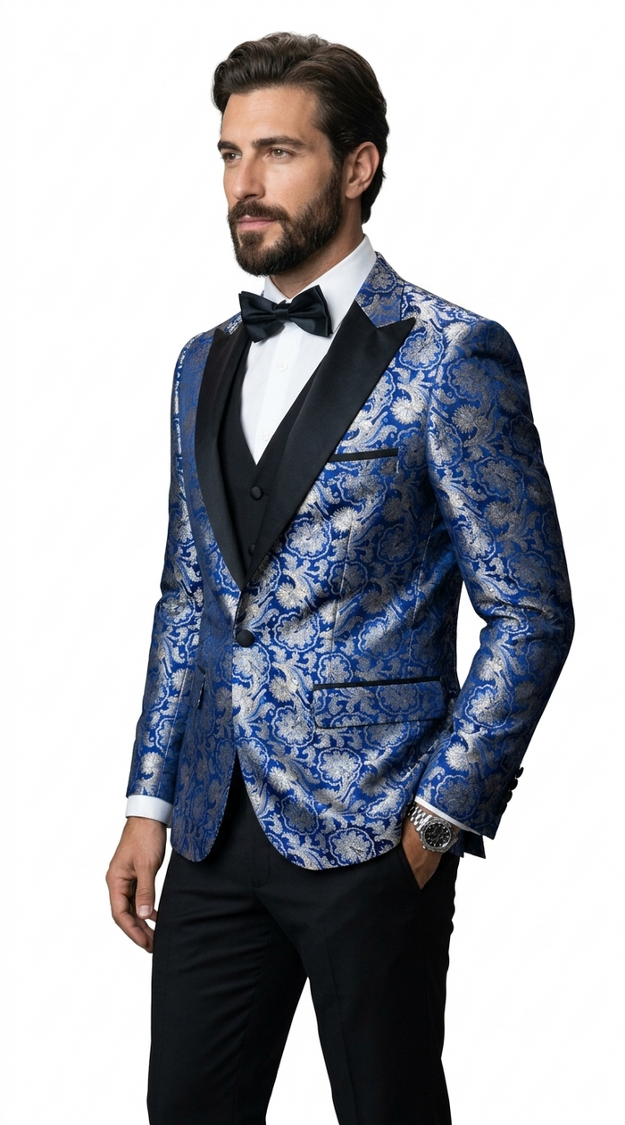 Single Breasted Peak Label Blue Tuxedo Suit