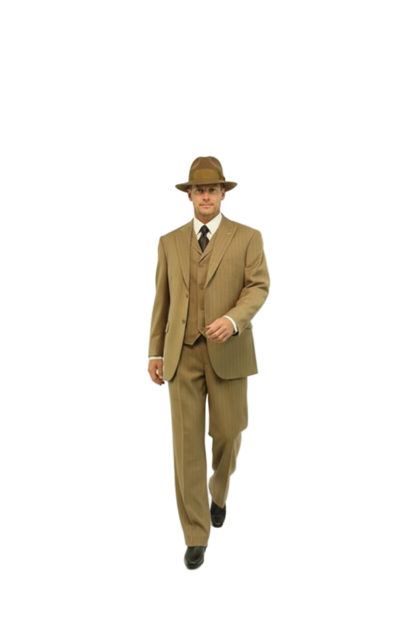Men's 3 Piece Bold ~ Chalk ~ Gangster Pinstripe ~ Stripe Tan/White Zoot Cheap Priced Business Suits Clearance Sale