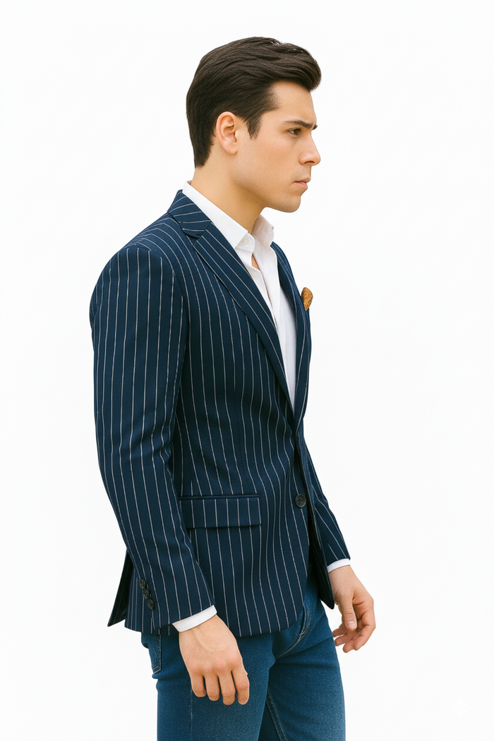 Men's Navy and Bold White Pinstripe Designer Fashion Blazer