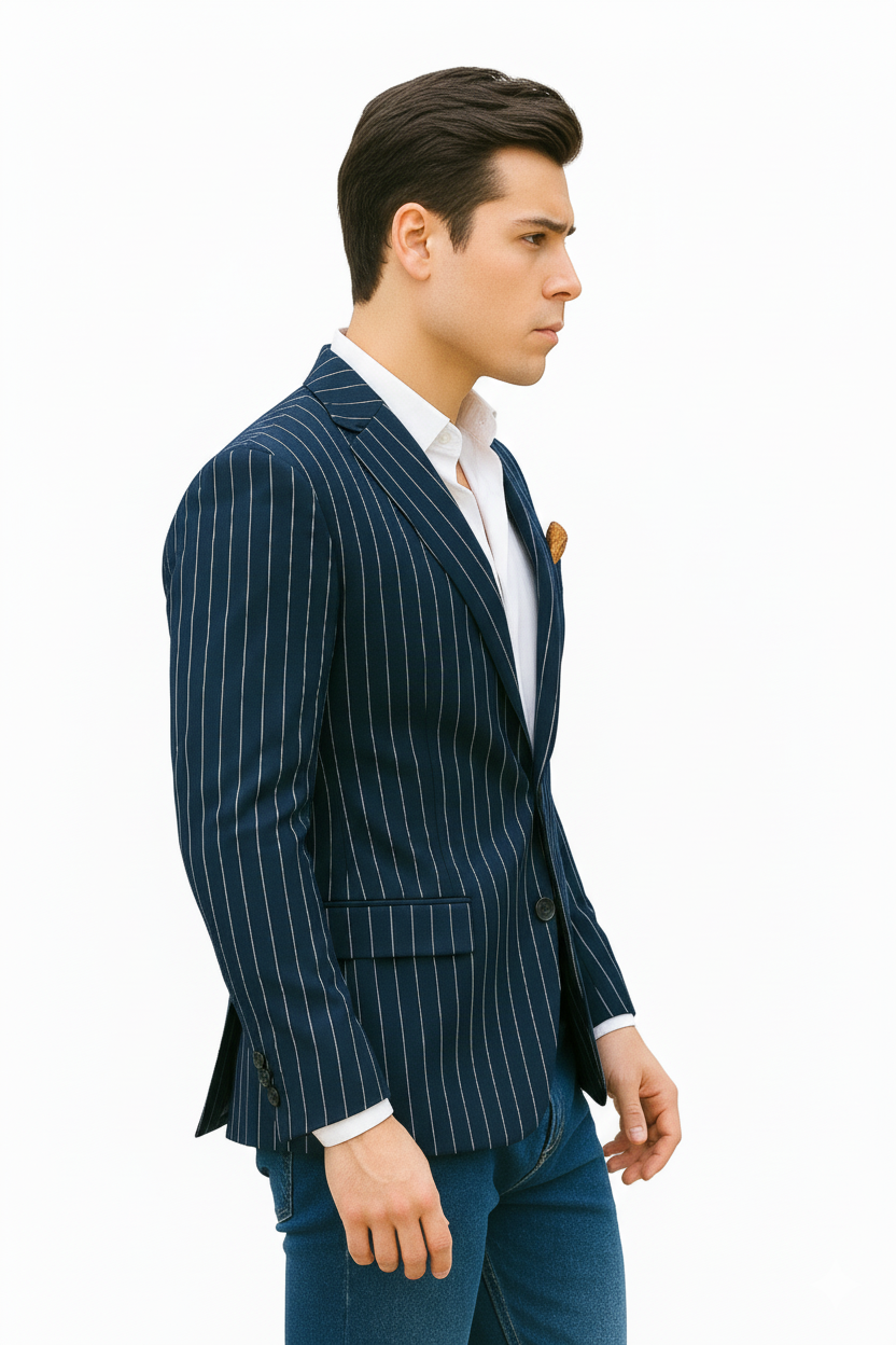 Men's Navy and Bold White Pinstripe Designer Fashion Blazer