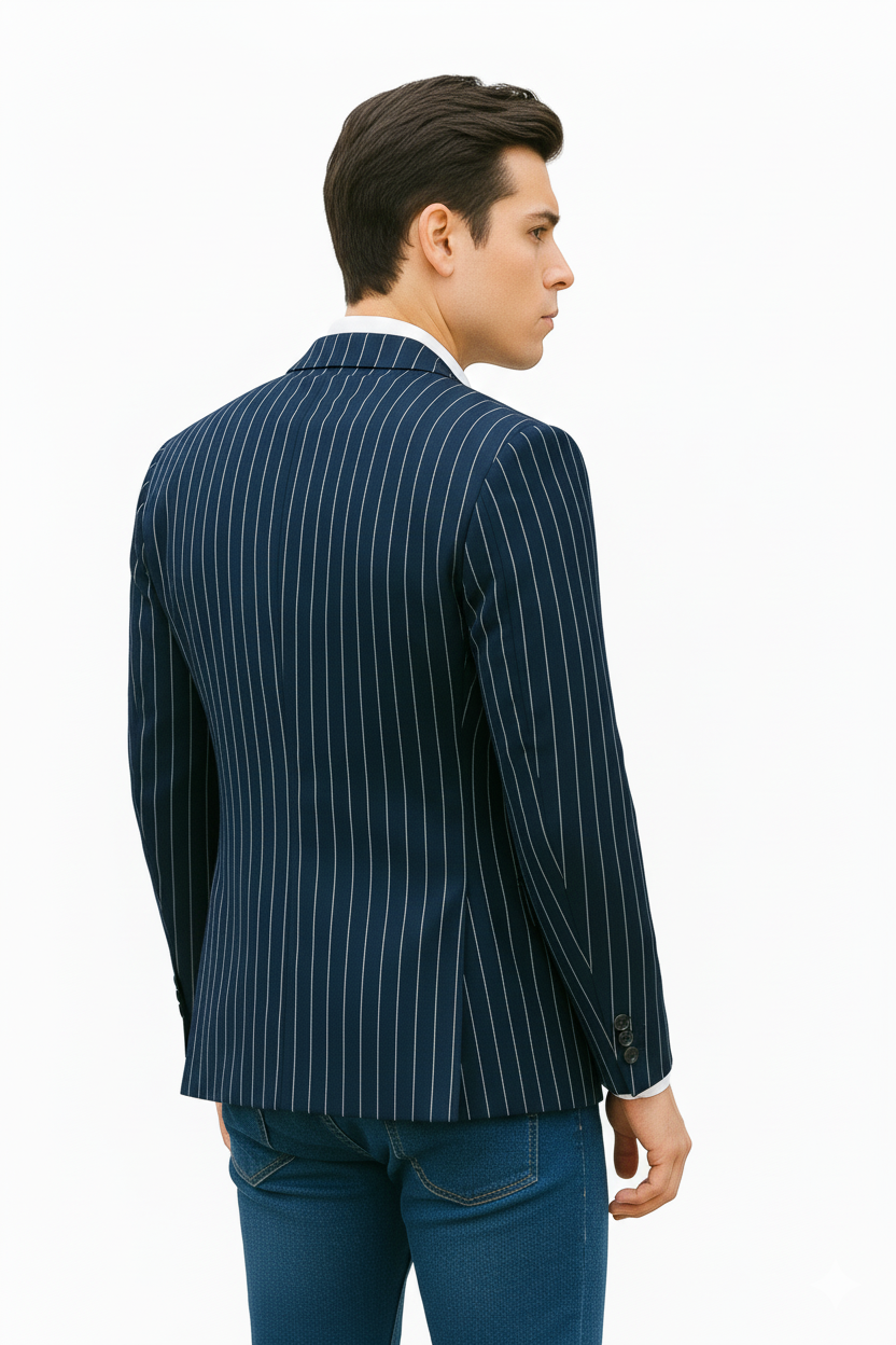 Men's Navy and Bold White Pinstripe Designer Fashion Blazer