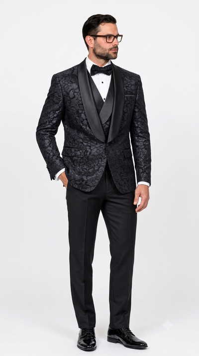 3-Piece Black Lace Tuxedo with Satin Shawl Lapel & Satin Trim