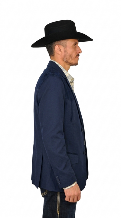 Mens SUEDE Cowboy Blazer Ultra Slim Fit Mens Western Suede Blazer with Embroidery in Color "Navy"