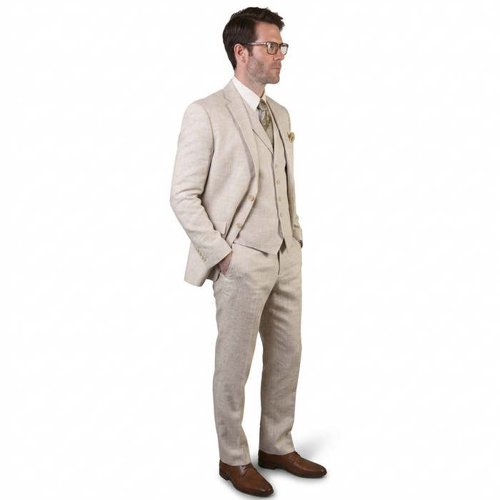 Mens Ticket Pocket Peak Lapel Double breasted Vest 100% Wool Tom Ford Style Modern Fit in Color "Tan" By Statement