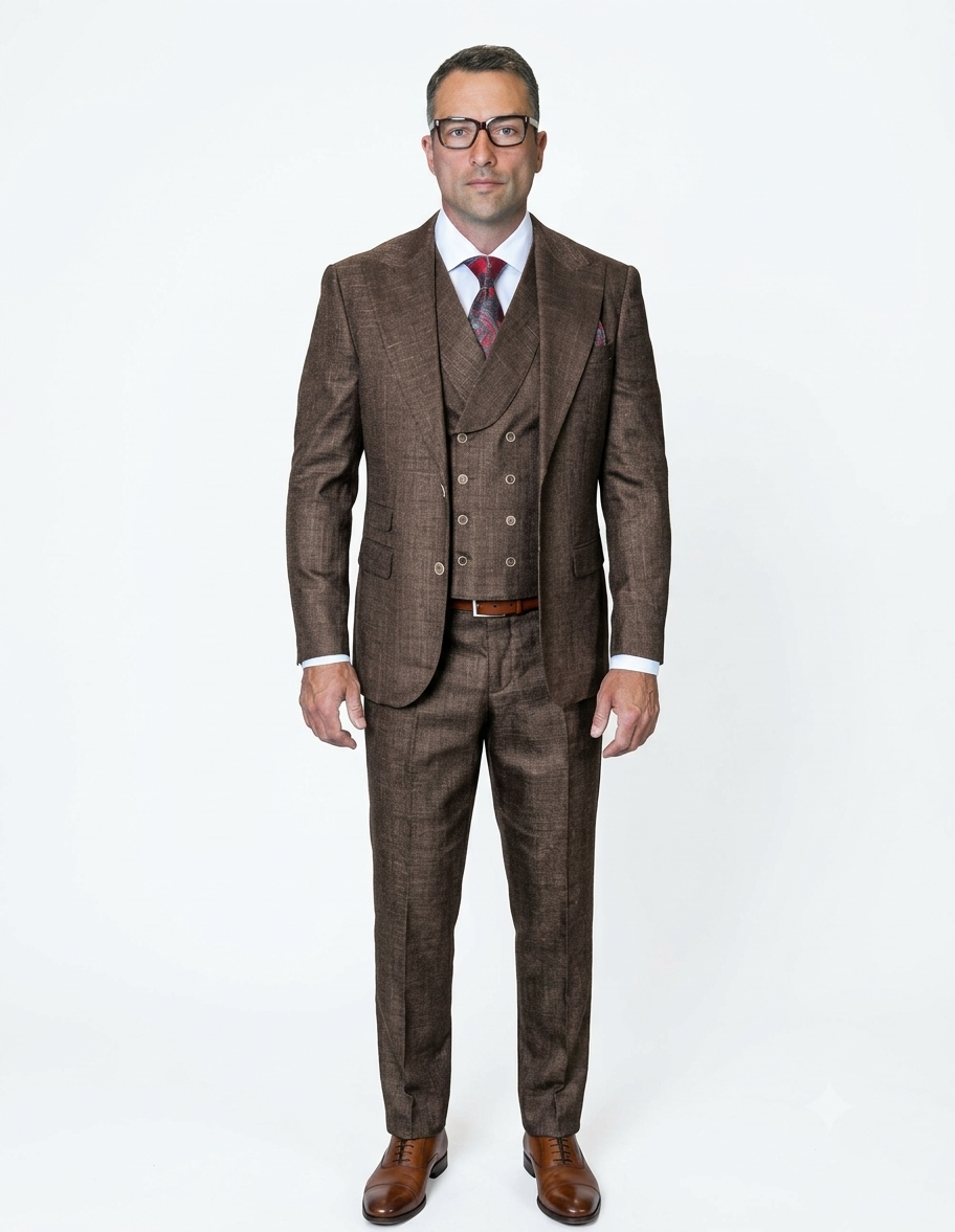 Mens Ticket Pocket Peak Lapel Double breasted Vest 100% Wool Tom Ford Style Modern Fit in Color "Brown" By Statement