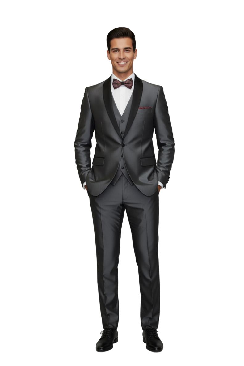 Men's Gray Black Shawl Tuxedo Slim Fitted 3 Piece Two Toned Shiny Sharkskin Suit